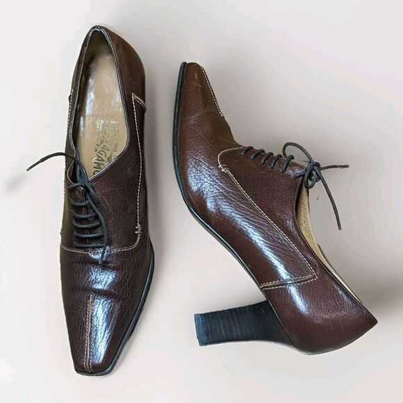 Salvatore Ferragamo‎ Brown Brogue Leather Platform Pumps Size 10B Style DQ96651
